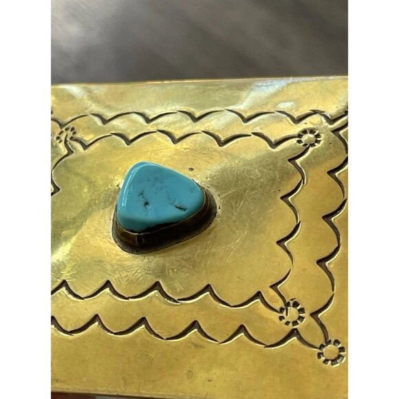 Navajo Yellow Brass Turquoise Women’s Belt Buckle Flower Engraved Signed ER - Picture 8 of 9